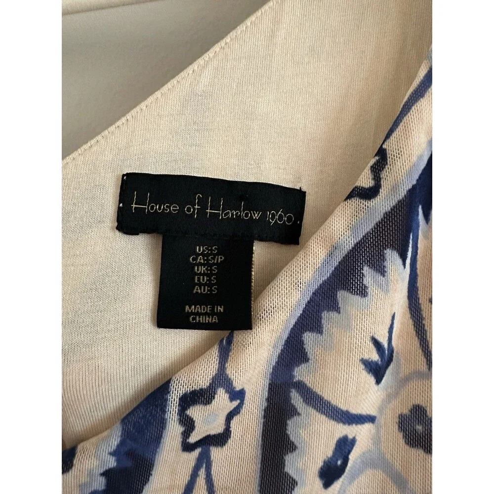 House of Harlow 1960 One Shoulder Ruched Midi Dress Blue Cream Print Size Small